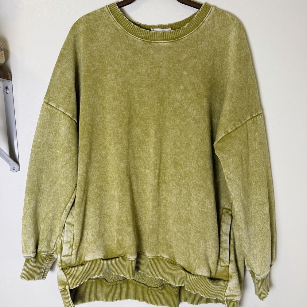 Zenana Outfitters Mustard Acid Wash Crewneck Sweatshirt L Oversized Pockets